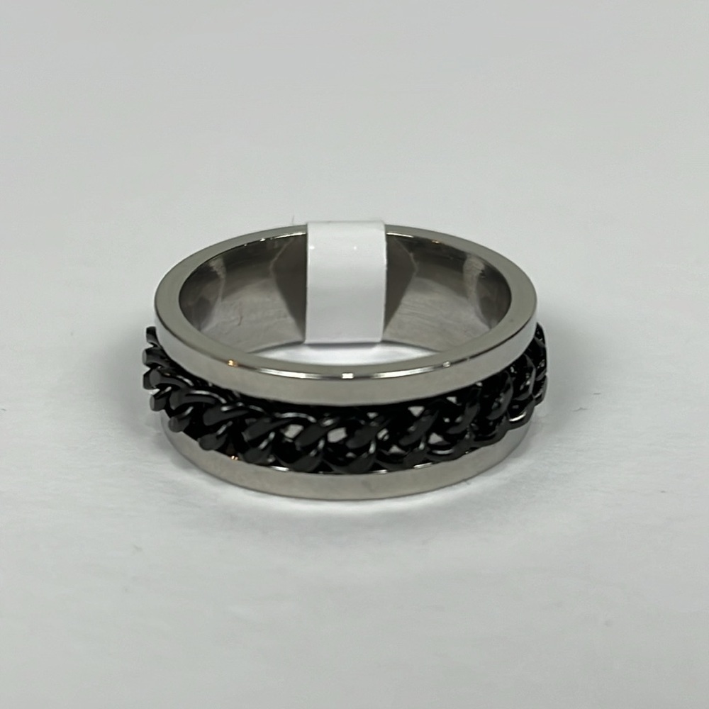 Stainless Steel Black Chain Spinner Fidget Ring Silver Tone Mens Size 9 Wedding